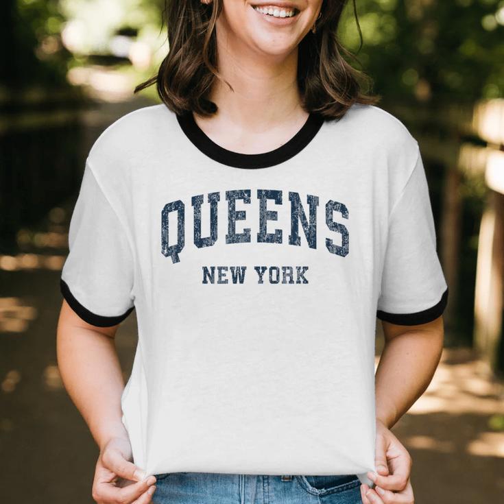 Queens New York Ny Vintage Varsity Sports Navy Cotton Ringer T-Shirt