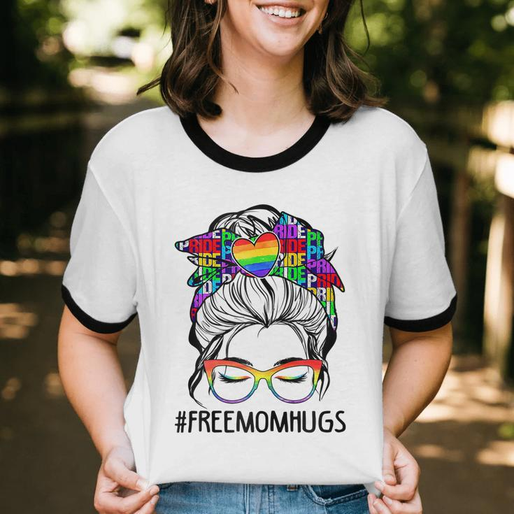 Womens Free Mom Hugs Messy Bun Lgbt Pride Cotton Ringer T-Shirt