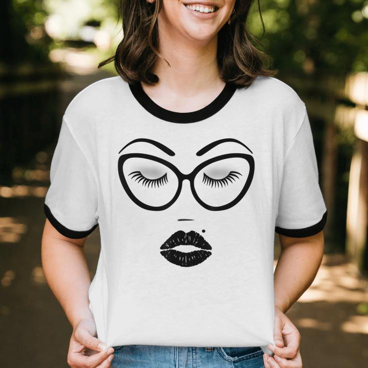 Women's Make-Up Cosmetics Lashes Eyebrows Black Cat Glasses Cotton Ringer T-Shirt