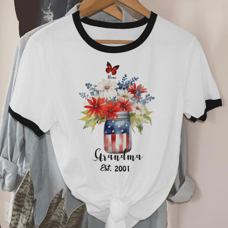 4Th Of July Shirt Personalized Grandma Shirt Custom 4Th Of July Nana Flower With Grandchild Names 4Th Of July Grandma Shirt Patriotic Cotton Ringer T-Shirt