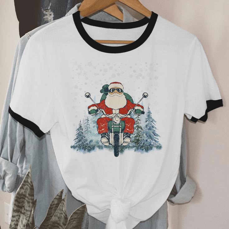 Biker Santa Claus On Motorcycle Christmas Biking Ride Cotton Ringer T-Shirt