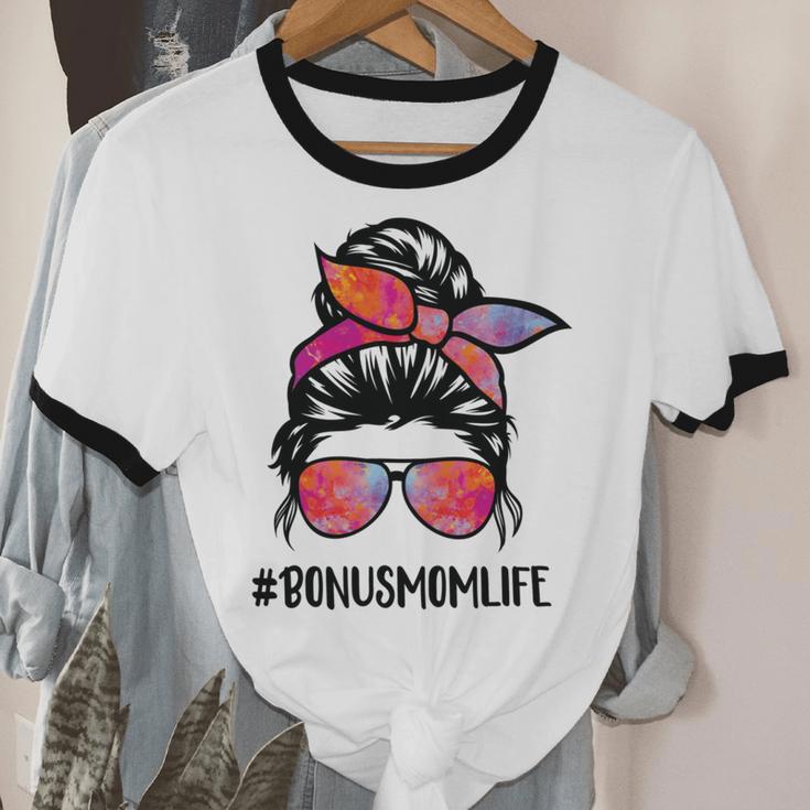 Bonus Mom Life Stepmom Messy Bun Hair For Woman Cotton Ringer T-Shirt