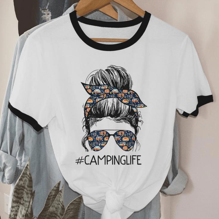 Camping Life Messy Bun Hair Mother's Day Camping Lovers Tshirt Cotton Ringer T-Shirt