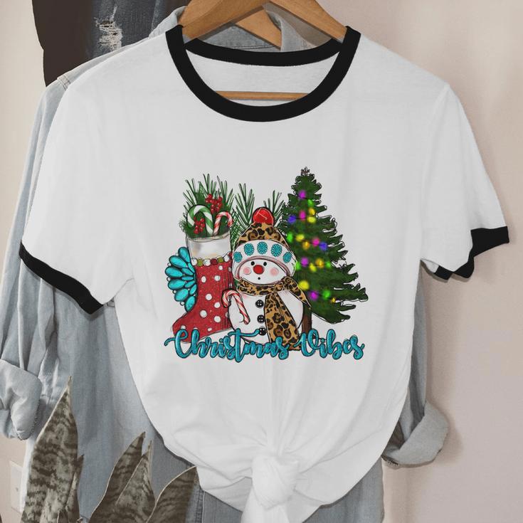 Christmas Vibes Snowman Christmas Trees Cotton Ringer T-Shirt