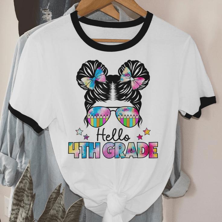 First Day Of School Hello 4Th Grade Girls Messy Bun Cotton Ringer T-Shirt