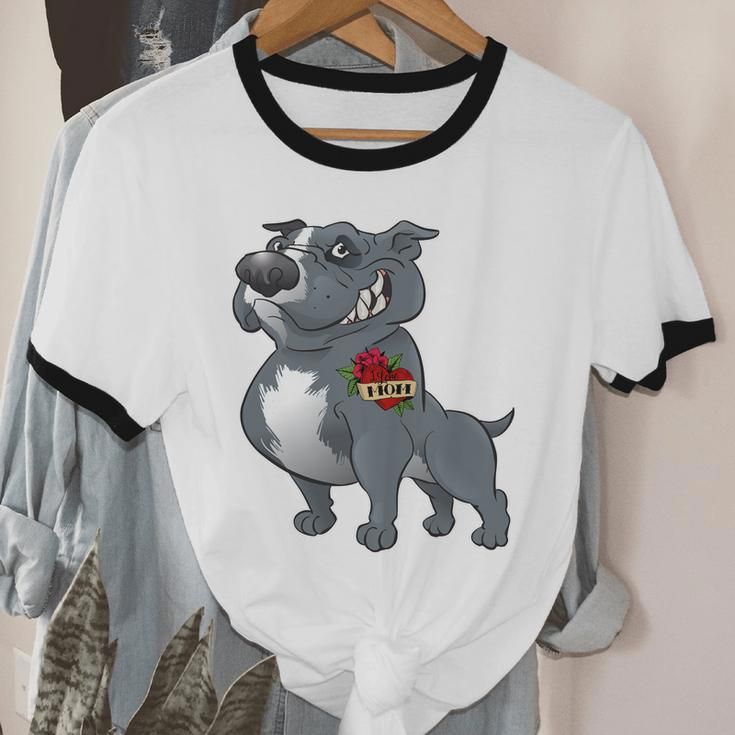 Grey Pitbull I Love Mom Cotton Ringer T-Shirt