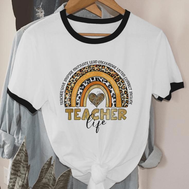 Leopard Rainbow Teacher Life Teaching Last Day Of School Cotton Ringer T-Shirt