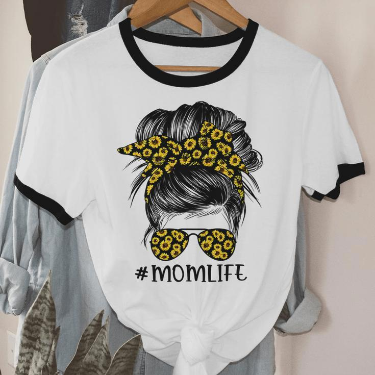 Mother Sunflowers Mom Life Messy Bun Hair Sunglasses Mom Cotton Ringer T-Shirt