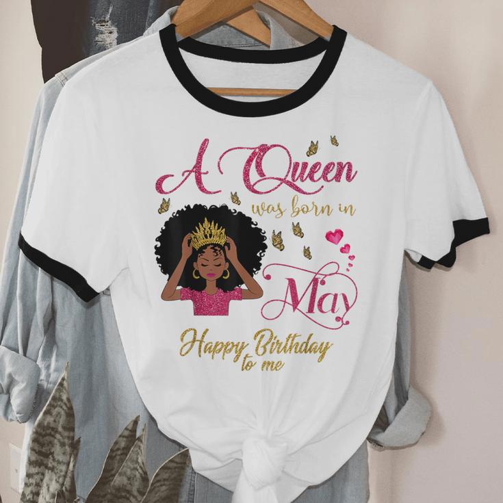 A Queen Was Born In May Black Queen Cotton Ringer T-Shirt