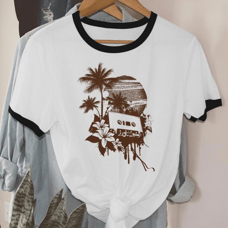 Summer Party Brown Palm Trees Flower Cassette Cotton Ringer T-Shirt