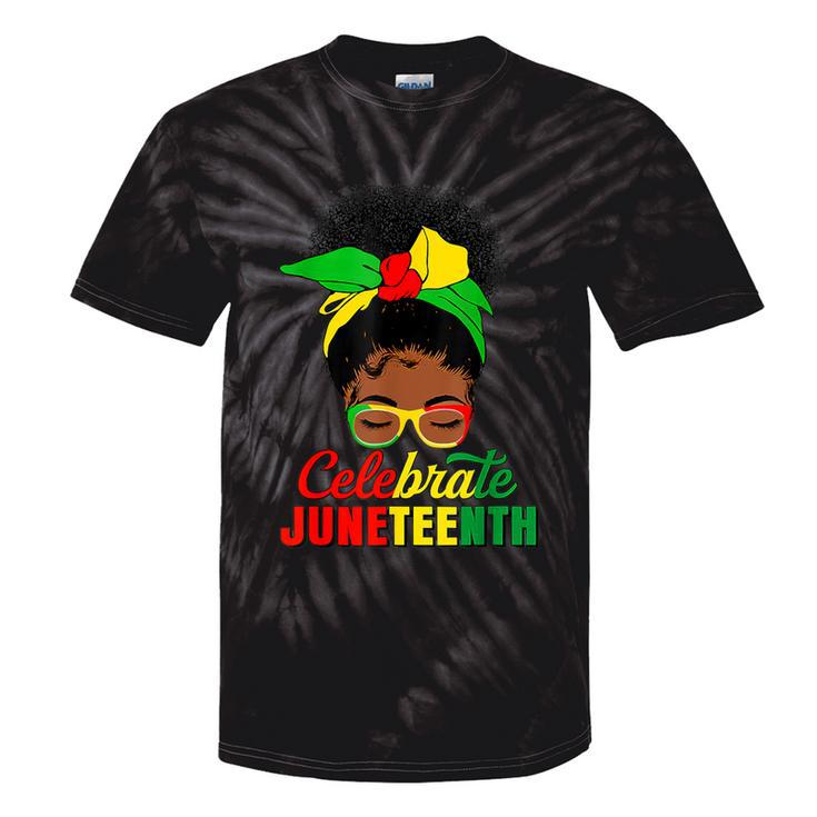 Celebrate Junenth Black Messy Bun 1865 Emancipation Tie-Dye T-shirts