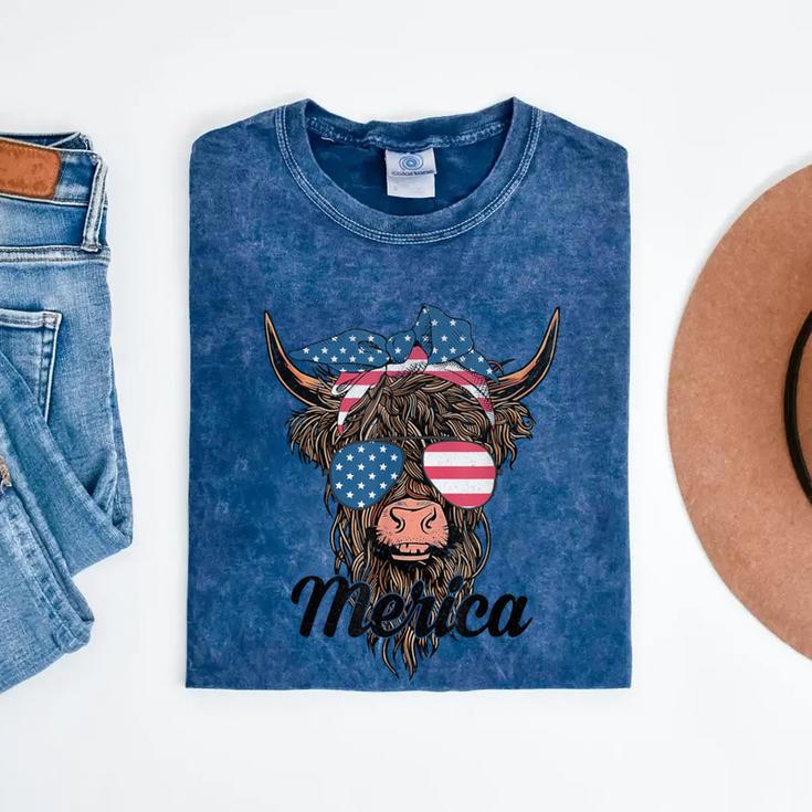 4Th Of July Highland Cow American Western Girls Mineral Wash Tshirts