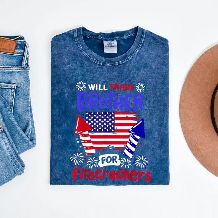 4Th Of July Will Trade Brother For Firecrackers Girls Mineral Wash Tshirts