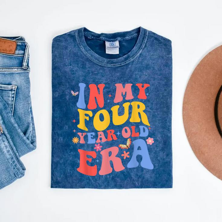 Groovy In My Four Year Old Era 4Th Birthday 4 Years Old Kid Mineral Wash Tshirts