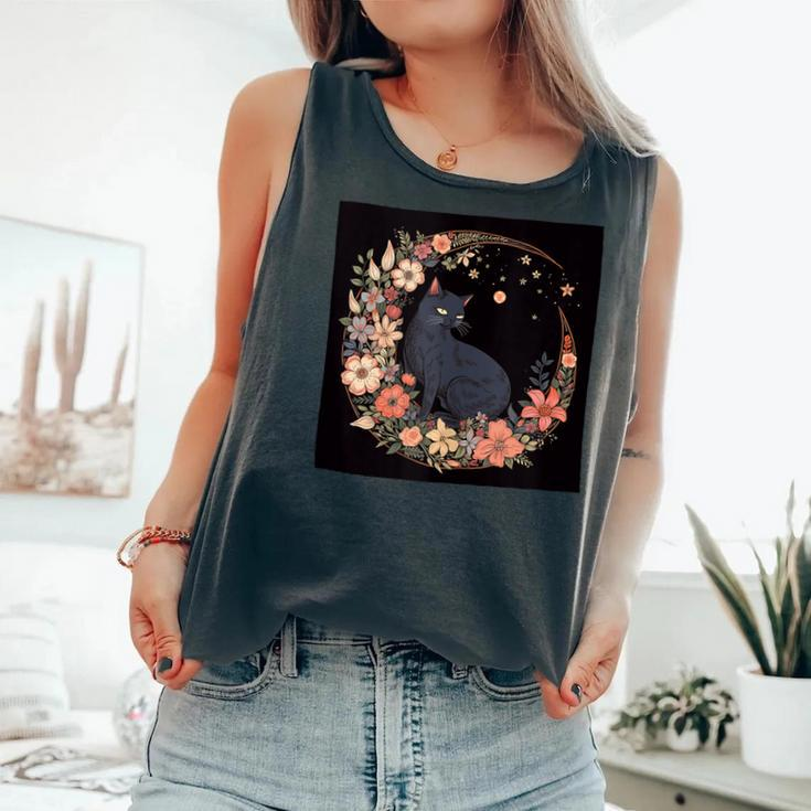 Cat Moon Floral Flowers Graphic Comfort Colors Tank Top