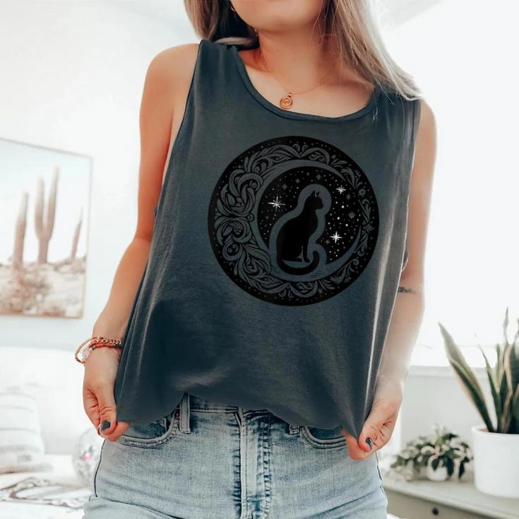 Drawing Cat Sitting On Crescent Moon Flowers Stars Women Comfort Colors Tank Top