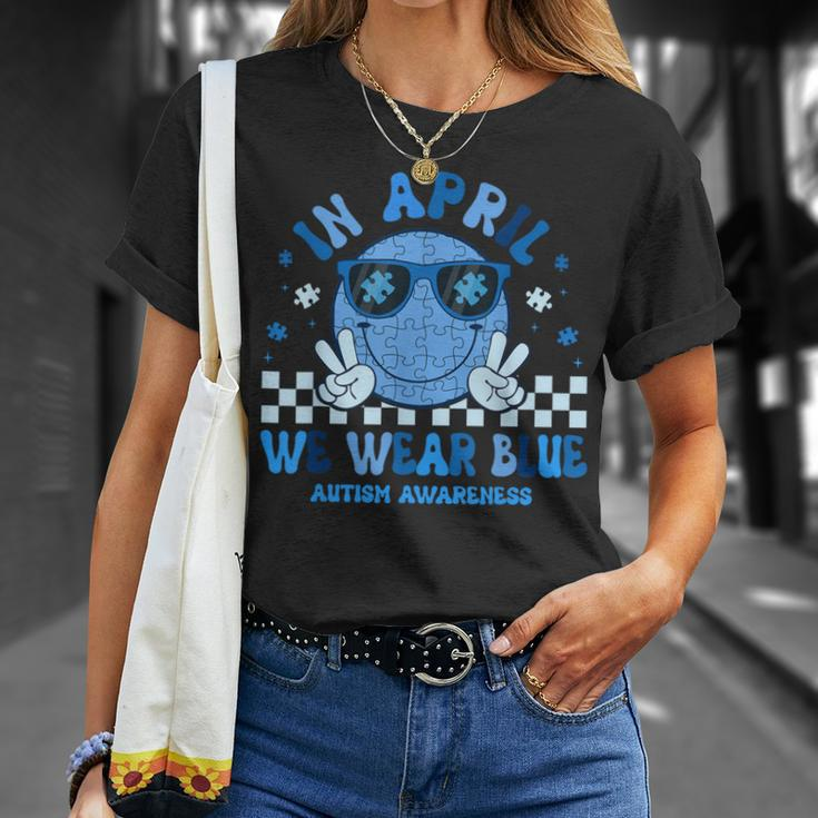 In April We Wear Blue Autism Awareness Hippie Face T-Shirt Gifts for Her