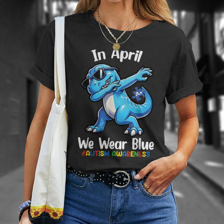 In April We Wear Blue Autism Awareness Month Dinosaur T-Rex T-Shirt Gifts for Her