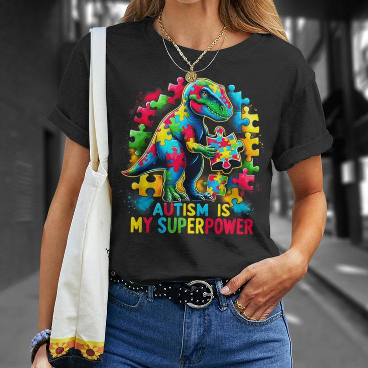 Autism Is My Superpower Autism Kid Colorful Puzzle Dinosaur T-Shirt Gifts for Her