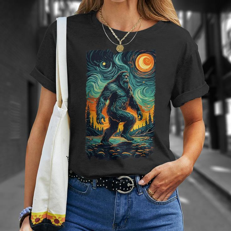Bigfoot Starry Night Sasquatch Van Gogh Sky Painting T-Shirt Gifts for Her