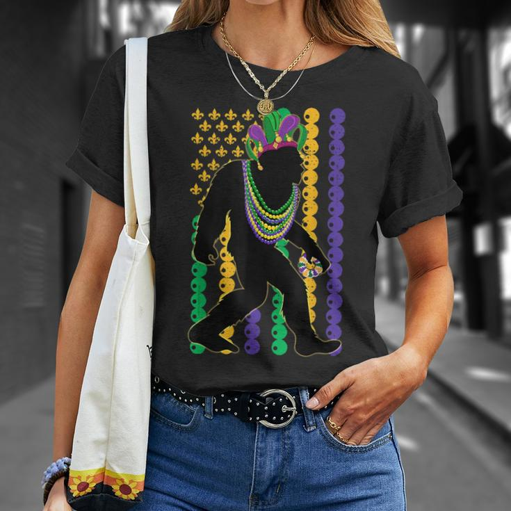 Bigfoot Wearing Hat Mardi Gras Beads With Flag Mardi Gras T-Shirt Gifts for Her
