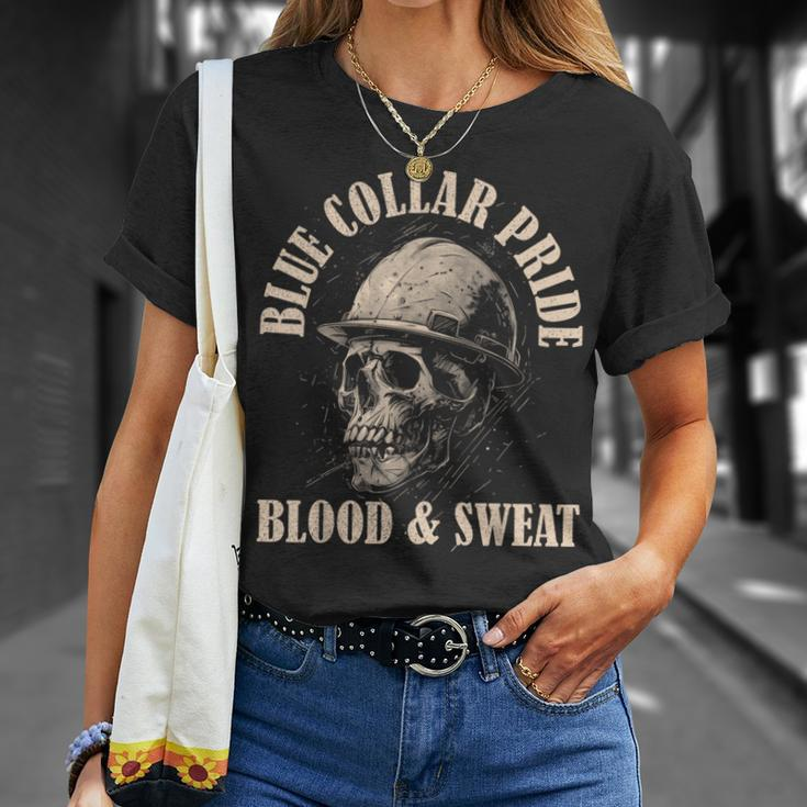 Blue Collar Pride Construction Iron Worker Skull Blue Collar T-Shirt Gifts for Her