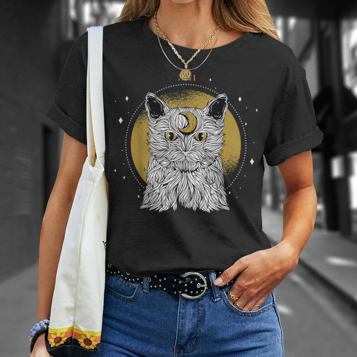Boho Mystical Feathers Cat Moon Phases Cats Lovers T-Shirt Gifts for Her