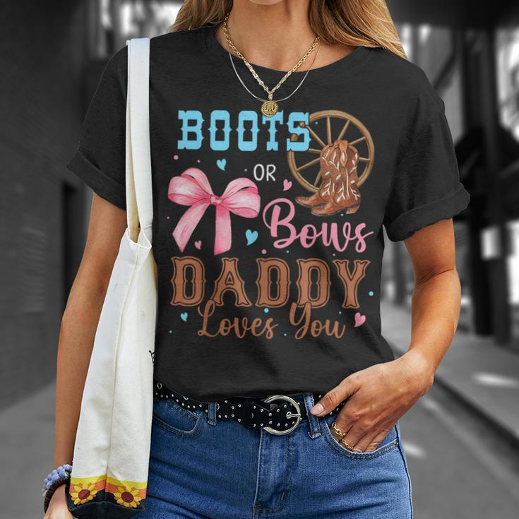 Boots Or Bows Gender Reveal Decorations Daddy Loves You T-Shirt Gifts for Her