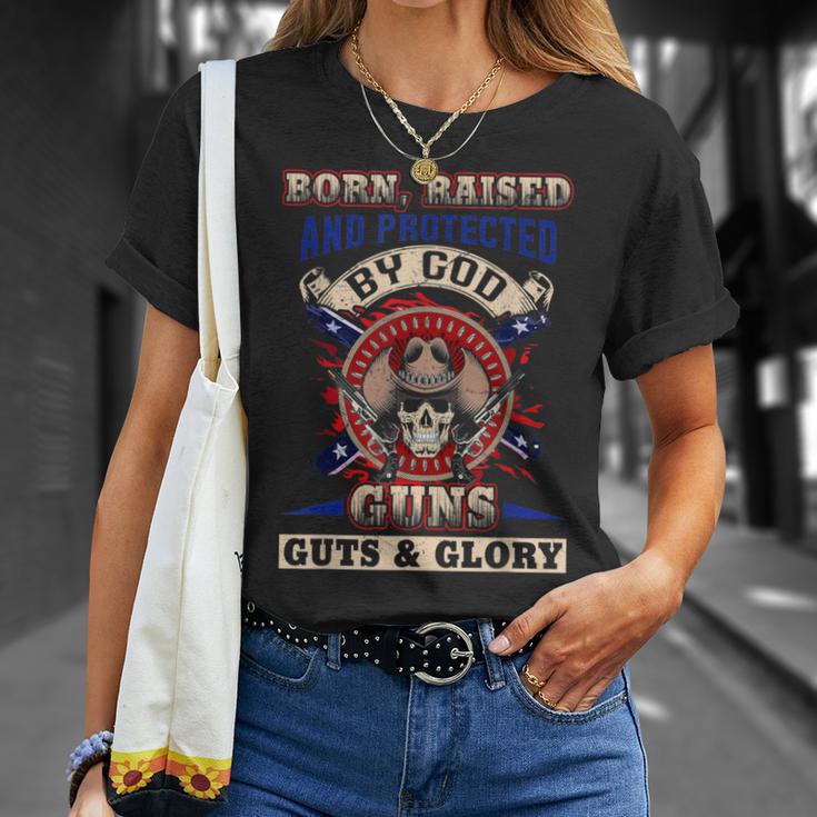 Born Raised And Protected By God Guns Guts & Glory T-Shirt Gifts for Her