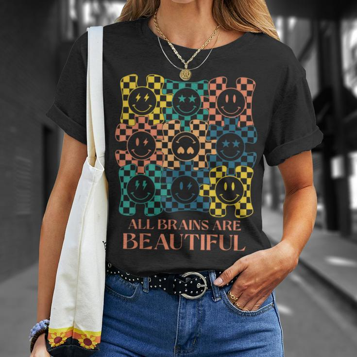 All Brains Are Beautiful Smile Face Autism Awareness Groovy T-Shirt Gifts for Her
