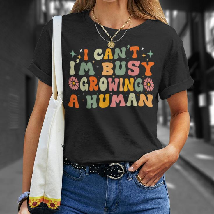 I Can't I'm Busy Growing A Human Pregnancy Announcement Mom T-Shirt Gifts for Her