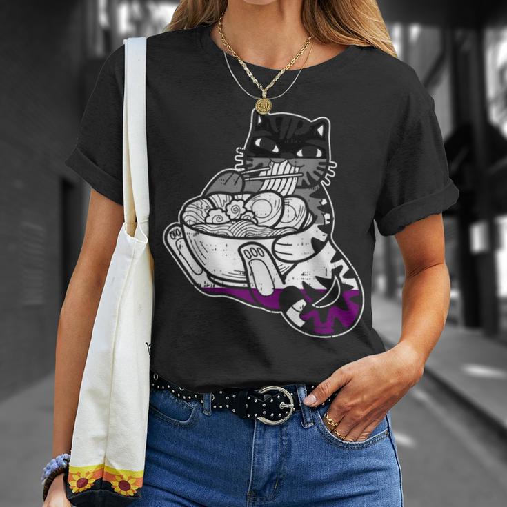 Cat Eating Ramen Asexual Pride Lgbt-Q Kitten Japanese Noodle T-Shirt Gifts for Her