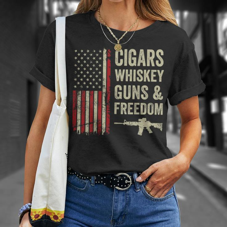 Cigars Whiskey Guns & Freedom Usa Flag 4Th Of July Back T-Shirt Gifts for Her