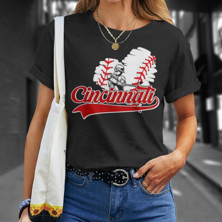 Cincinnati Cities Baseball Heart Baseball Fans Women T-Shirt Gifts for Her