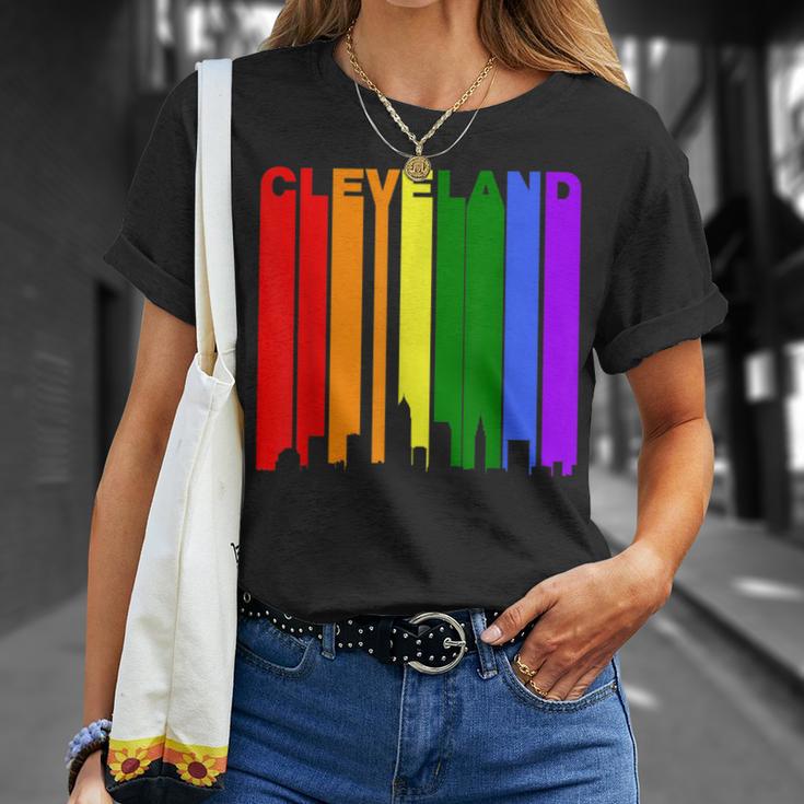 Cleveland Ohio Downtown Rainbow Skyline Lgbt Gay Pride T-Shirt Gifts for Her