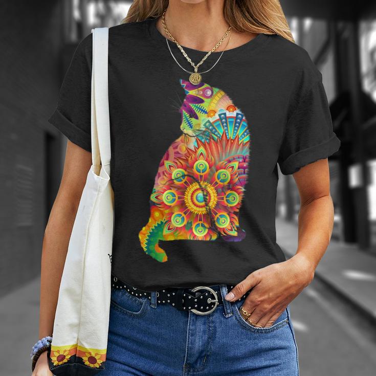 Colorful Cat Lover Feline Psychedelic Abstract Hippy T-Shirt Gifts for Her