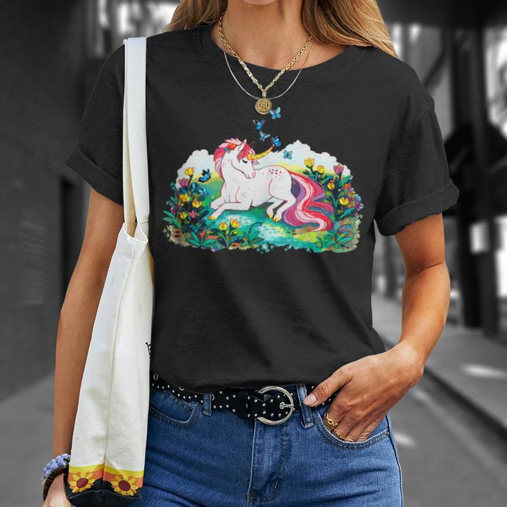 Colorful Unicorn Laying In A Flower Filled Field T-Shirt Gifts for Her