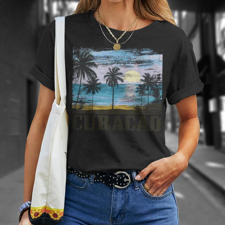 Curacao Vintage Palm Trees Surfer Caribbean Souvenir Gray T-Shirt Geschenke für Sie