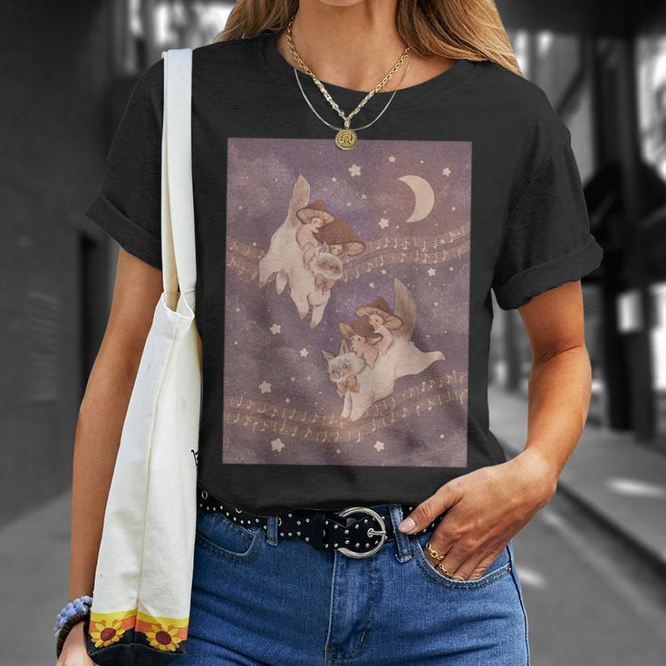 Cute Cat Purple Witchy Mushroom Pink Kawaii Crescent Moon T-Shirt Gifts for Her