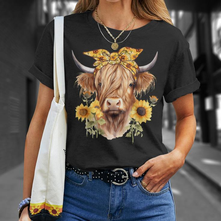 Cute Scottish Highland Cow Wearing Sunflower Bandana Heifer T-Shirt Gifts for Her