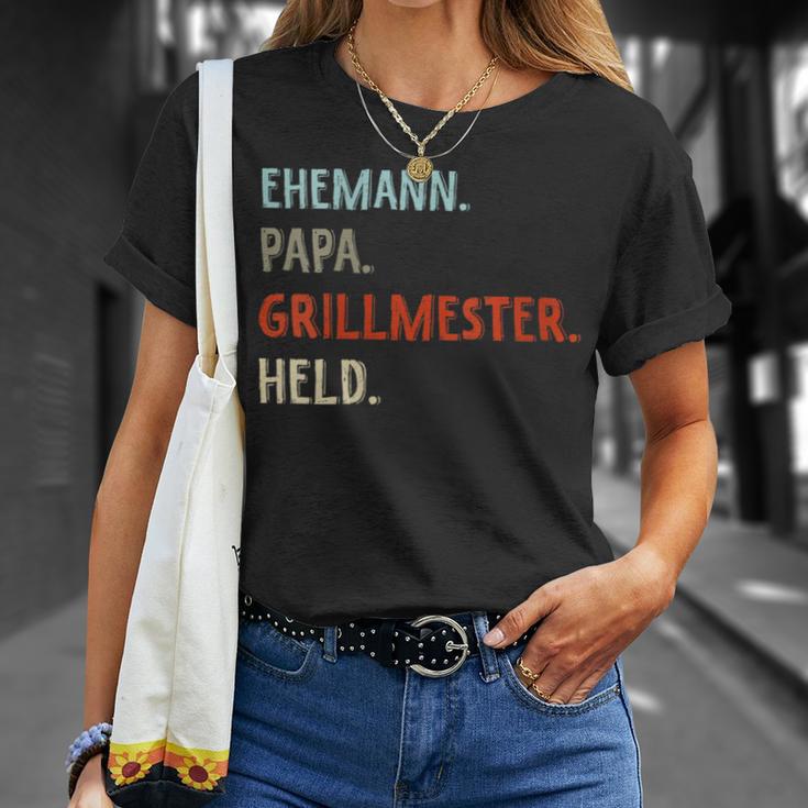 Damen Lustige Idee Zumatertag Ehemann Papa Grillmester Held Mit-Ausschnitt T-Shirt Geschenke für Sie