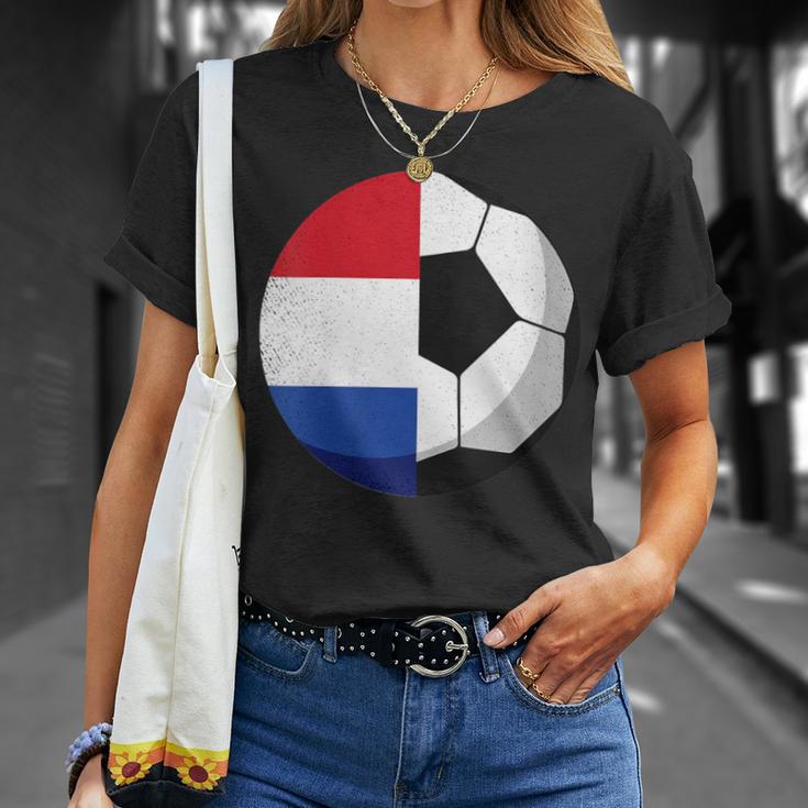 Damen Niederlande Flagge Niederländischer Papa Fußballtorwart Mit-Ausschnitt T-Shirt Geschenke für Sie