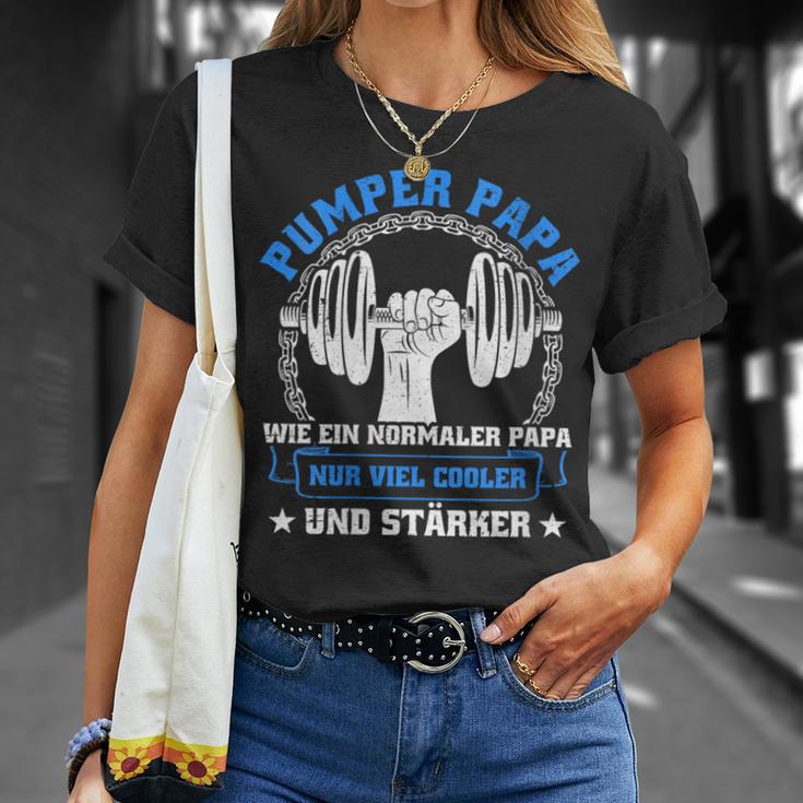 Damen Pumper Papa Bodybuilder Kraftsport Gym Lustiges Bodybuilding Mit-Ausschnitt T-Shirt Geschenke für Sie