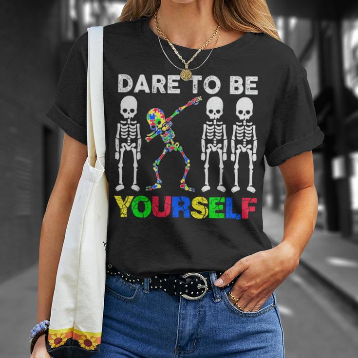 Dare To Be Your Self Dabbing Skeleton Autism Awareness T-Shirt Gifts for Her