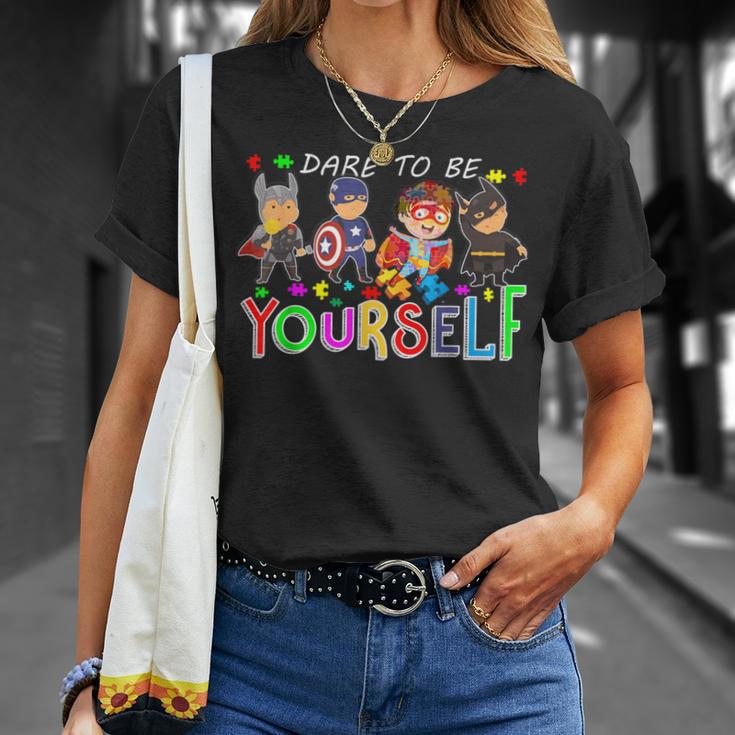 Dare To Be Yourself Autism Awareness Superheroes Women T-Shirt Gifts for Her