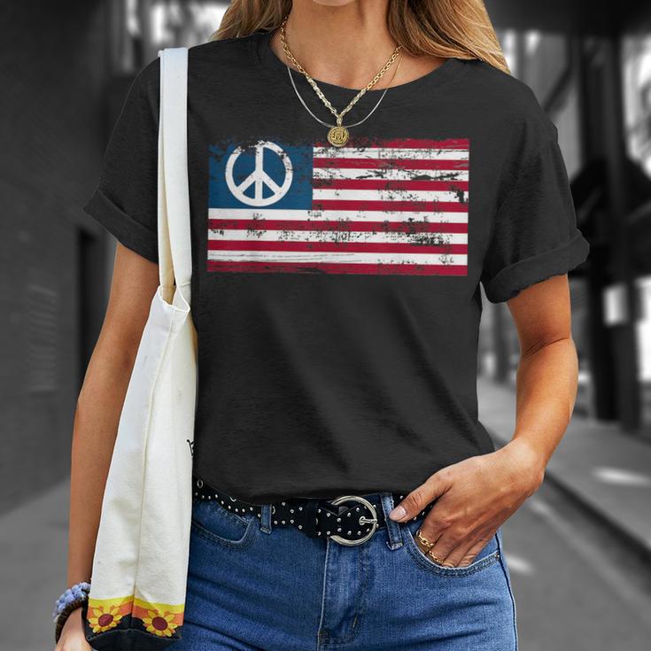 Distressed American Usa Flag With Peace Sign T-Shirt Gifts for Her