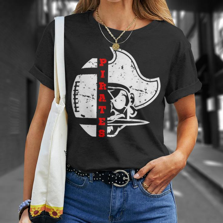 Distressed White Lcp Go Pirates With Football And Patch T-Shirt Gifts for Her