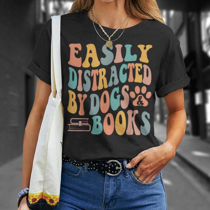 Easily Distracted By Dogs & Books Animals Book Lover Groovy T-Shirt Gifts for Her