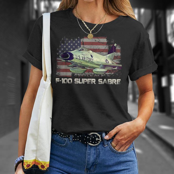 F100 Super Sabre Jet Fighter Plane American Flag Pilot Vet T-Shirt Gifts for Her