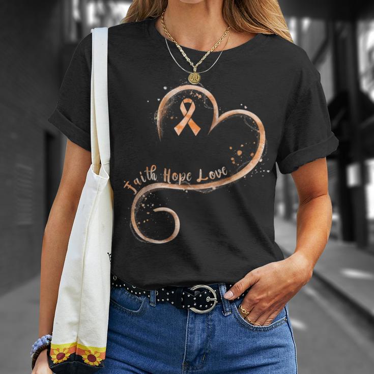 Faith Hope Love Peach Ribbon Uterine Cancer Awareness T-Shirt Gifts for Her